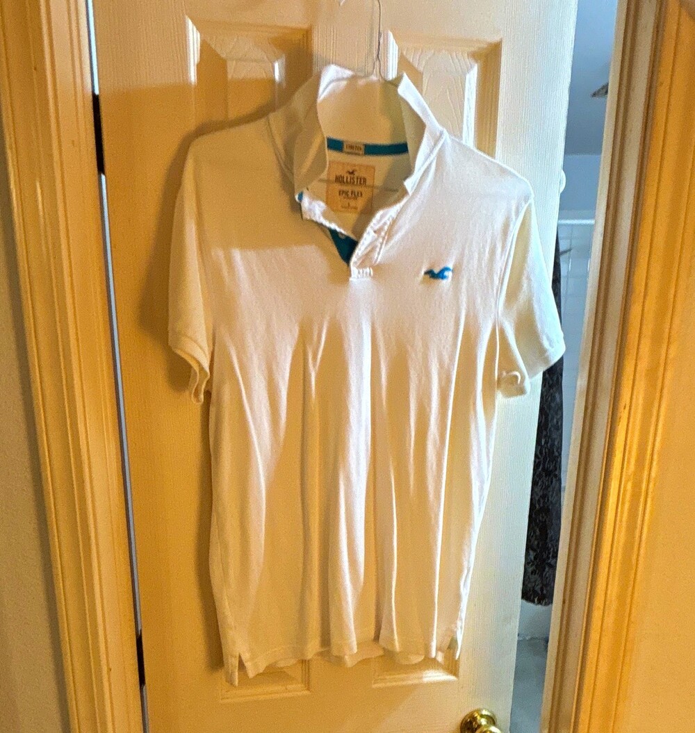 Hollister Epic Flex Stretch Solid White Short Sleeve Collared Polo Logo L